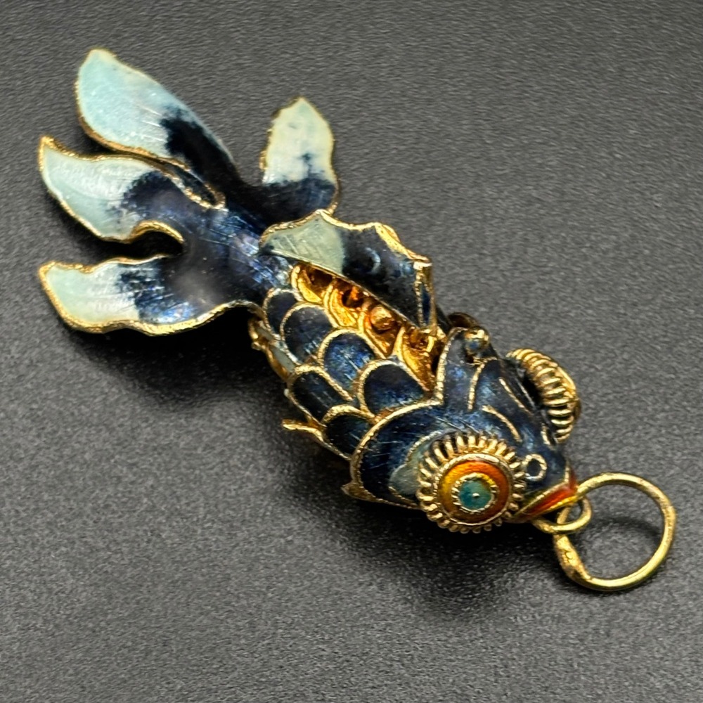 Vintage Chinese Cloisonne Articulated Koi Fish Pendant Blue Enamel 2 Inch